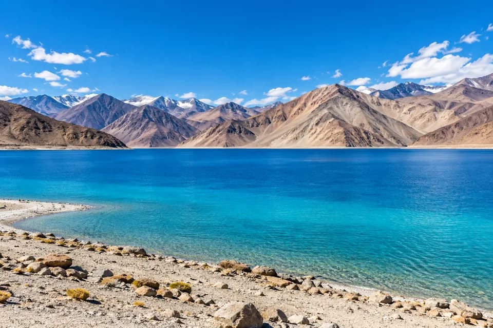 Turquoise Pangong lake surrounded by mountains in Ladakh