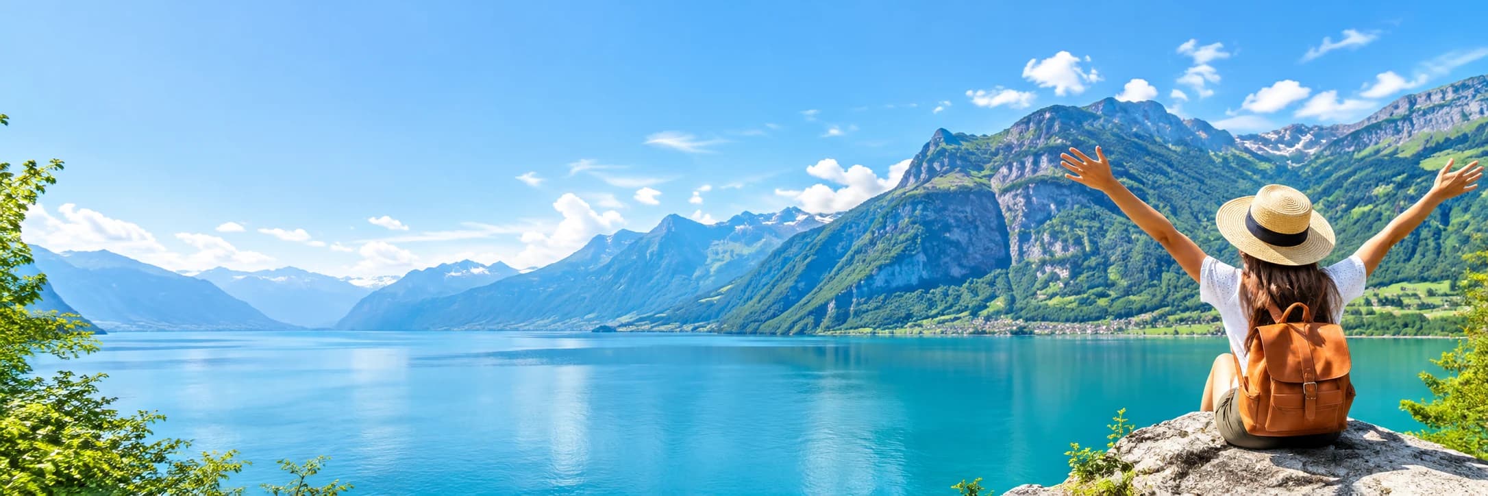 Traveller enjoying a turquoise lake and green alpine mountains