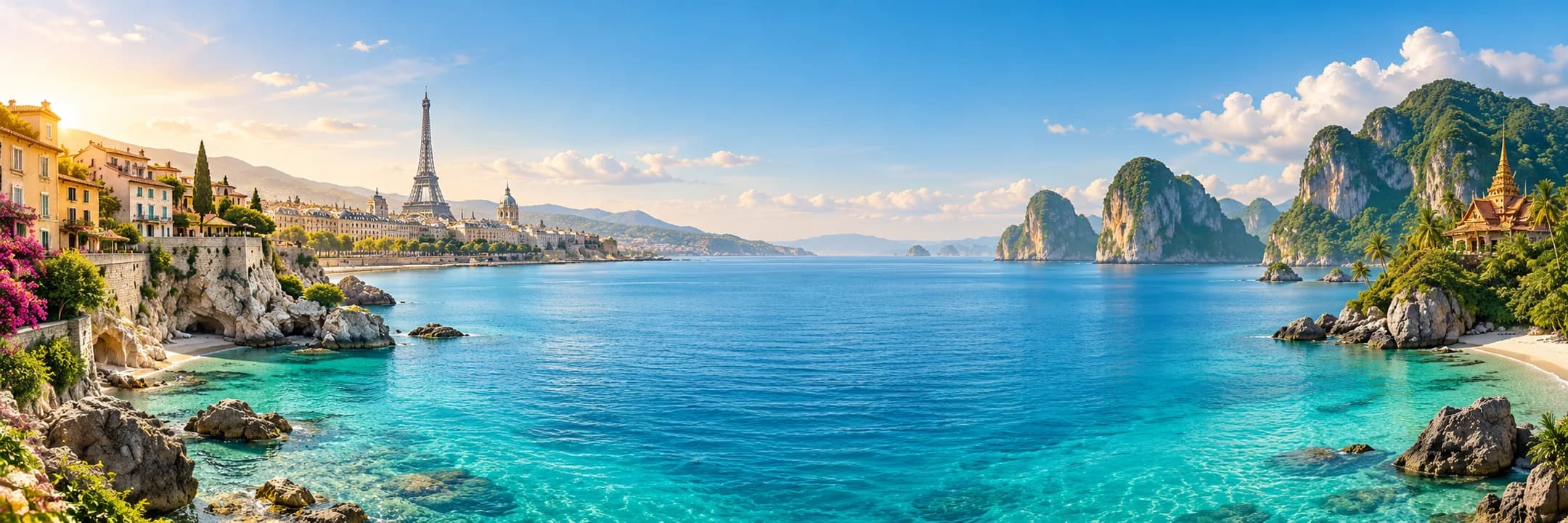 Panoramic international travel montage of European landmarks, turquoise coastlines and tropical islands