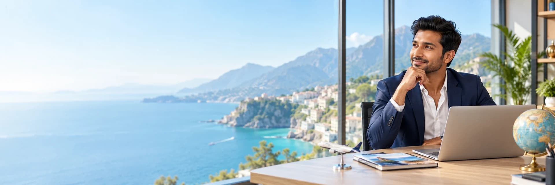Travel consultant planning itineraries at a desk overlooking a turquoise coastline