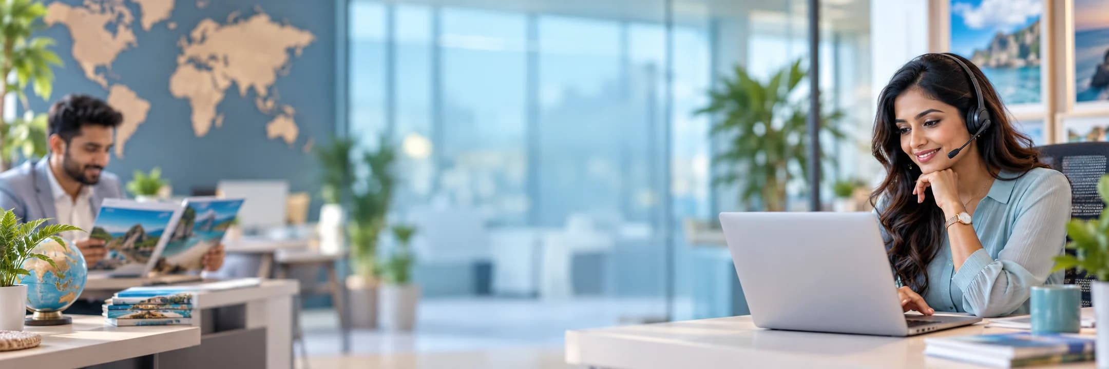 Travel consultants helping plan holidays in a welcoming travel studio