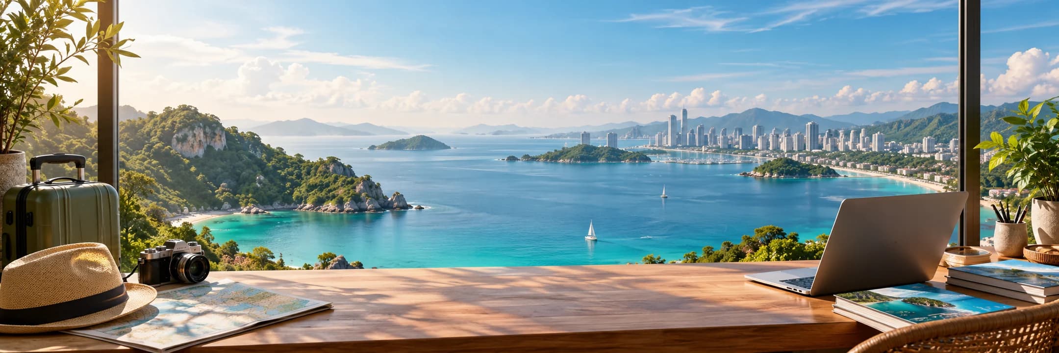Travel planning workspace overlooking a turquoise bay and coastal city