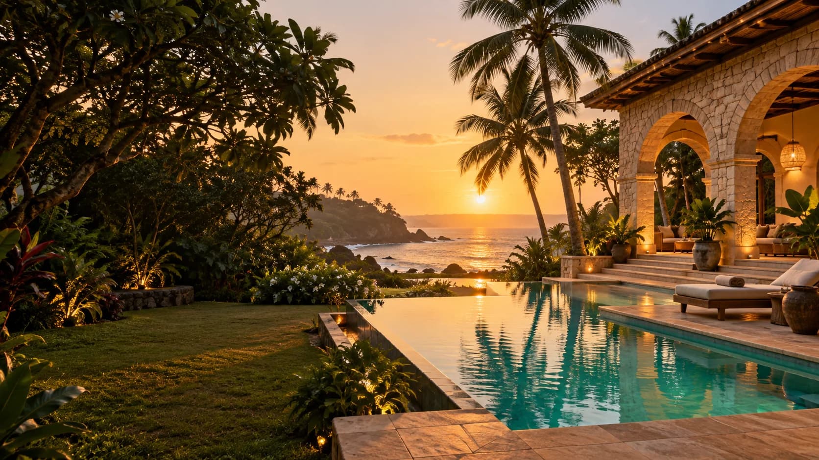 Sunlit coastal resort with a pool, palm trees and ocean views