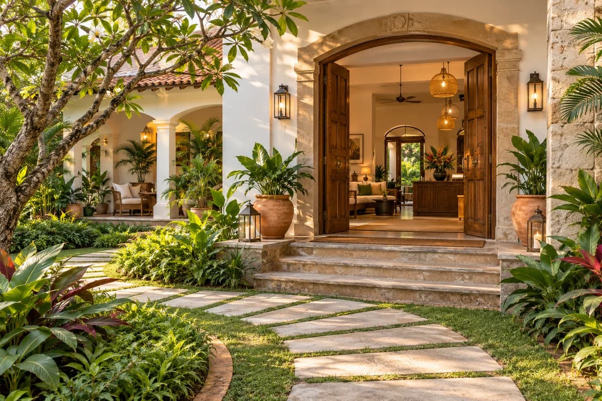 Welcoming boutique property entrance with a landscaped courtyard and warm reception lounge